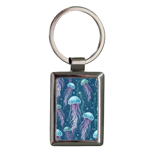 Jelly Fish Blues Purple Floating Rectangle Metal Keychain