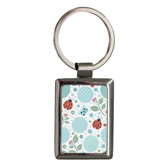 Ladybugs Butterfly Butterflies Light Blue White Polka Dots Rectangle Metal Keychain