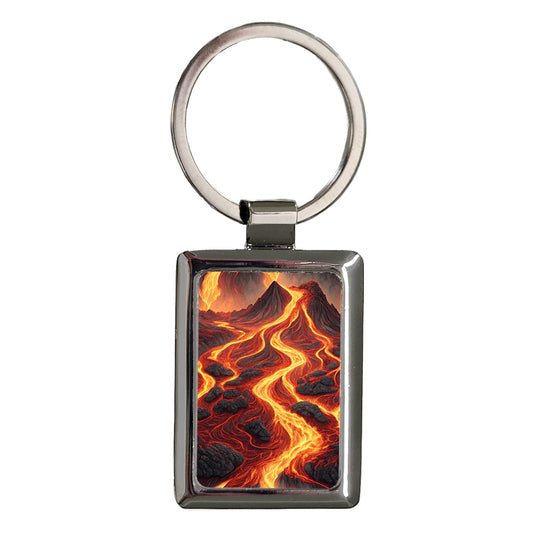 Lava Pouring Volcano Background Rectangle Metal Keychain