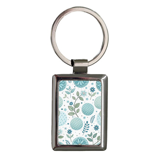 Light Blue White Polka Dots Leaves Background Rectangle Metal Keychain