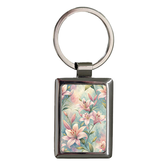 Lily Flowers Pink Background Rectangle Metal Keychain