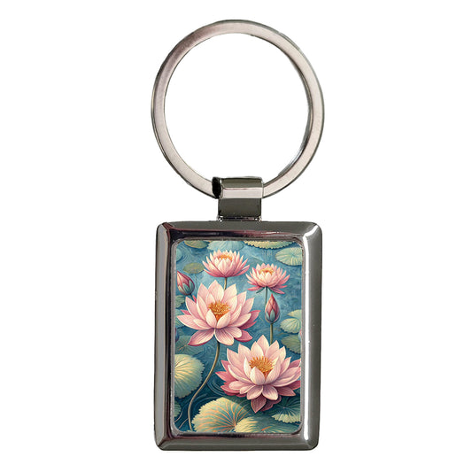 Lotus Flowers Pink Pond Background Rectangle Metal Keychain