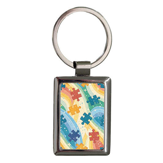 Multi Colored Autism Acceptance Puzzle Pieces Rectangle Metal Keychain