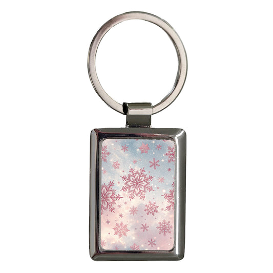 Pink Snowy Snowflakes Winter Rectangle Metal Keychain