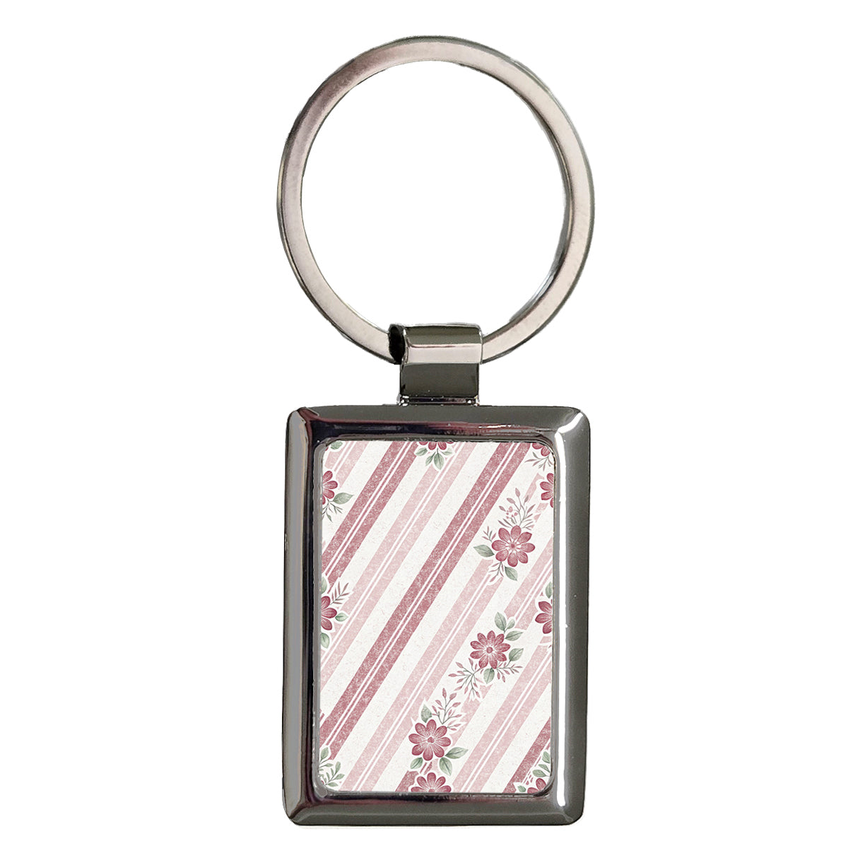 Pink Stripes And Flowers Rectangle Metal Keychain