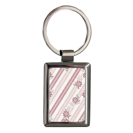 Pink Stripes And Flowers Rectangle Metal Keychain
