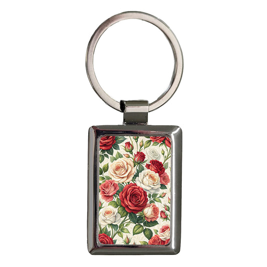Roses Red White Cream Rectangle Metal Keychain