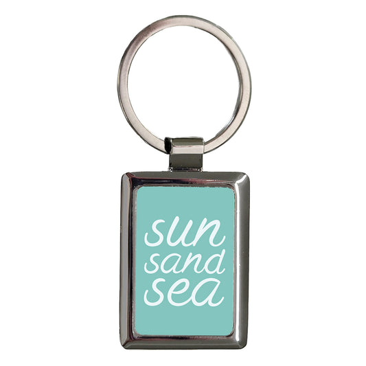Sun Sand Sea Script Rectangle Metal Keychain