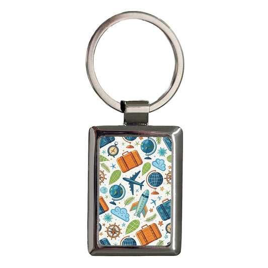 Travel Icons Background Rectangle Metal Keychain