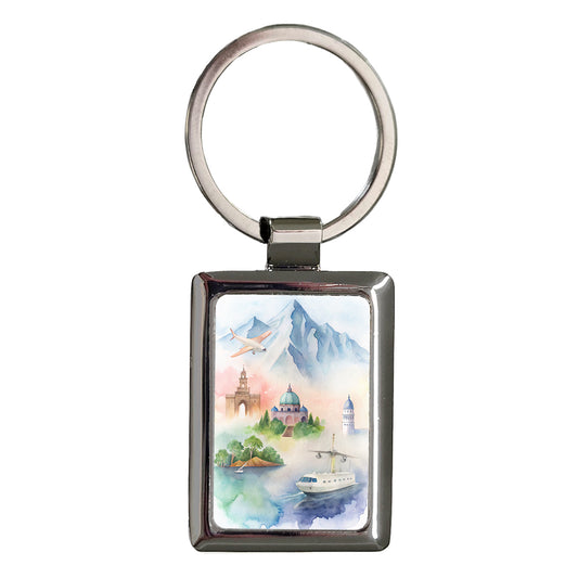 Travel Icons Watercolor Rectangle Metal Keychain