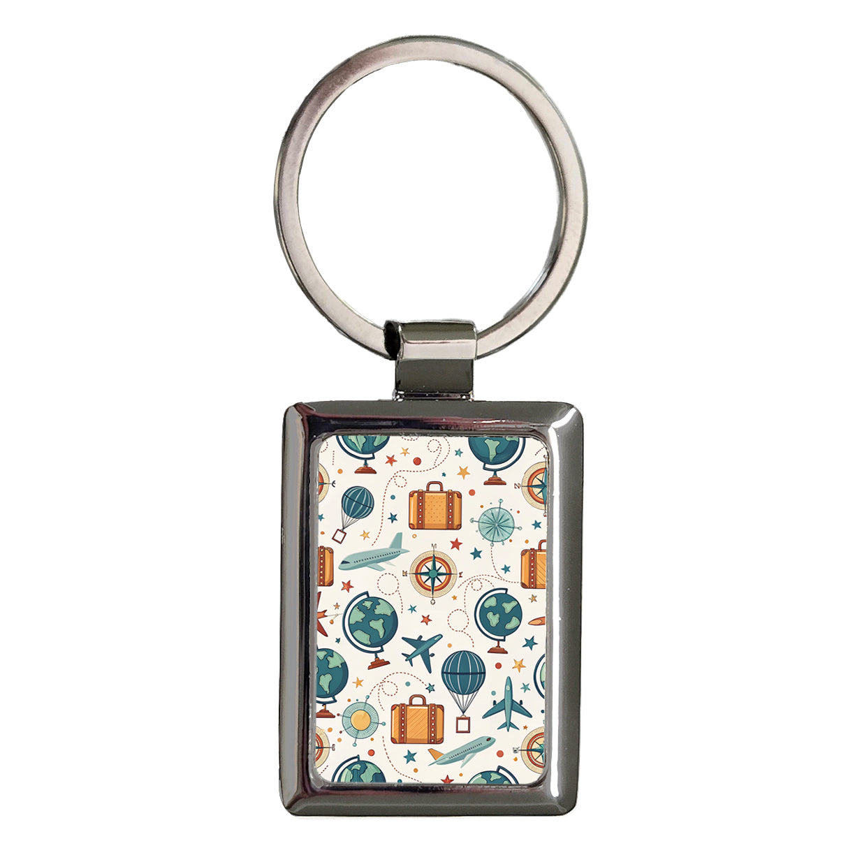 Travel Pattern Airplanes Suitcase Globes Rectangle Metal Keychain