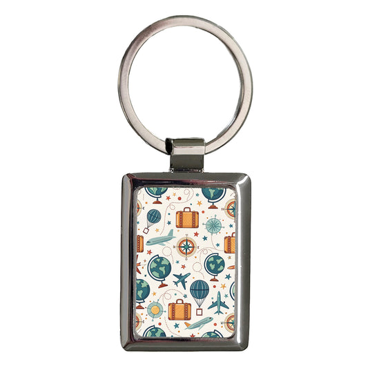 Travel Pattern Airplanes Suitcase Globes Rectangle Metal Keychain