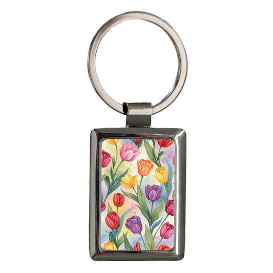 Tulip Flowers Pink Orange Yellow Purple Rectangle Metal Keychain