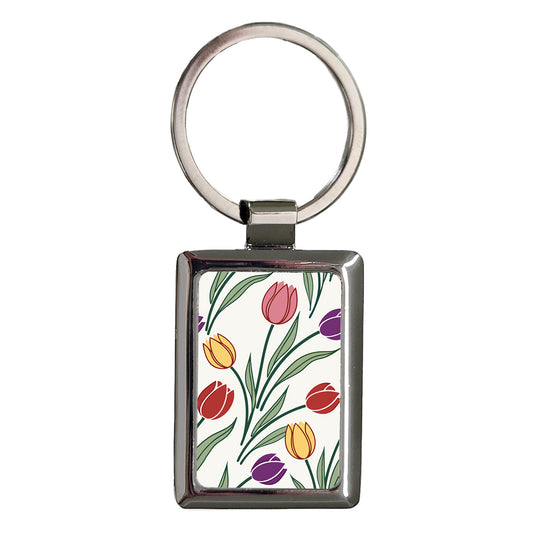 Tulips Pink Yellow Red Purple Drawing Rectangle Metal Keychain