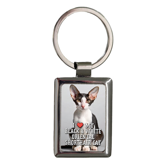 I Love My Black & White Oriental Shorthair Cat Heart Rectangle Metal Keychain