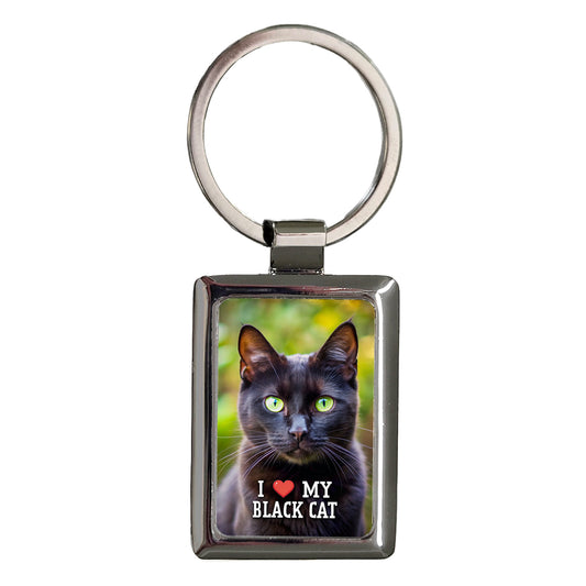 I Love My Black Cat Heart Rectangle Metal Keychain