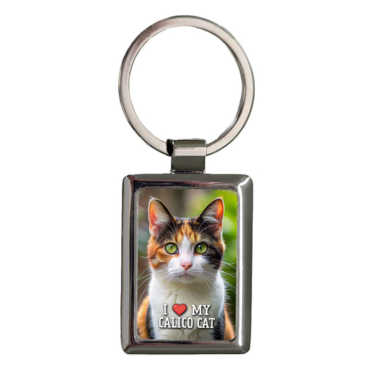 I Love My Calico Cat Heart Rectangle Metal Keychain