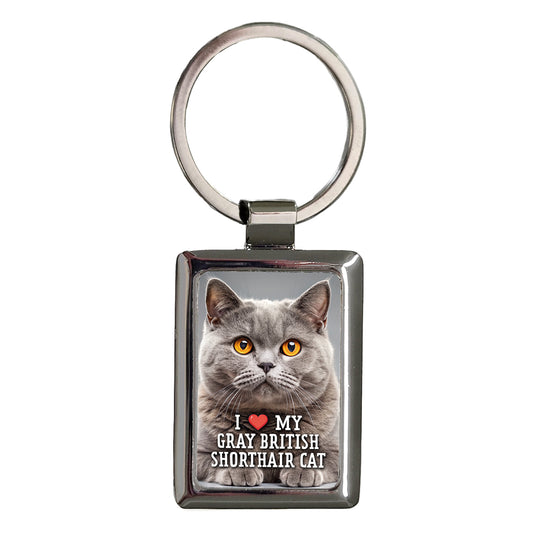 I Love My Gray British Shorthair Cat Heart Rectangle Metal Keychain