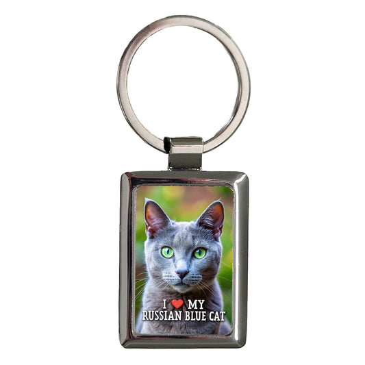 I Love My Russian Blue Cat Heart Rectangle Metal Keychain
