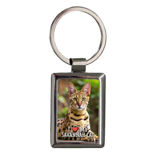 I Love My Savannah Cat Heart Rectangle Metal Keychain