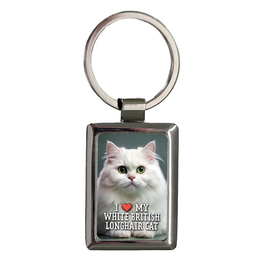 I Love My White British Longhair Cat Heart Rectangle Metal Keychain
