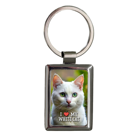 I Love My White Cat Heart Rectangle Metal Keychain