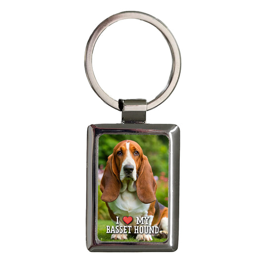 I Love My Basset Hound Dog Heart Rectangle Metal Keychain