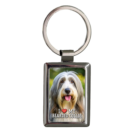 I Love My Bearded Collie Dog Heart Rectangle Metal Keychain