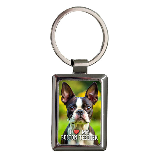 I Love My Boston Terrier Dog Heart Rectangle Metal Keychain