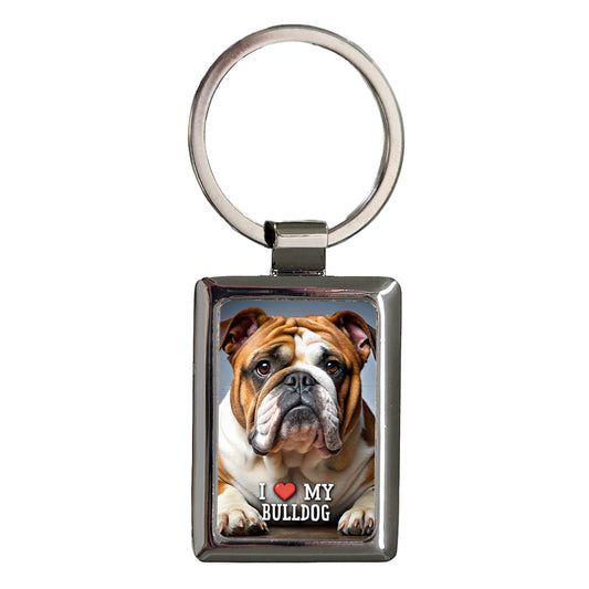 I Love My Bulldog Dog Heart Rectangle Metal Keychain