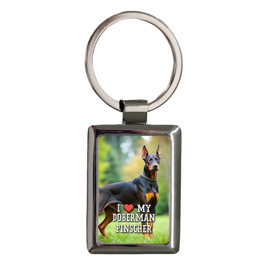 I Love My Doberman Pinscher Dog Heart Rectangle Metal Keychain