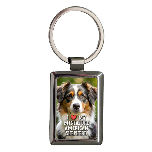 I Love My Miniature American Shepherd Dog Heart Rectangle Metal Keychain