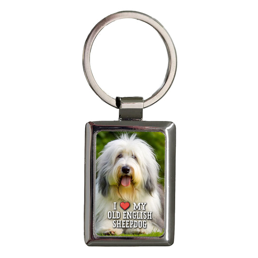 I Love My Old English Sheepdog Dog Heart Rectangle Metal Keychain