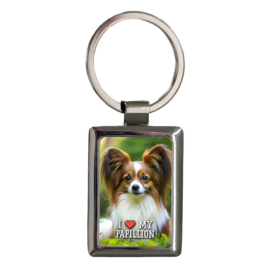 I Love My Papillion Dog Heart Rectangle Metal Keychain