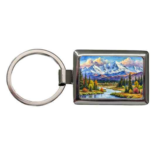 Denali National Park Alaska Watercolor Style Rectangle Metal Keychain