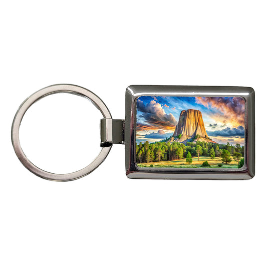 Devils Tower National Monument Wyoming Watercolor Style Rectangle Metal Keychain