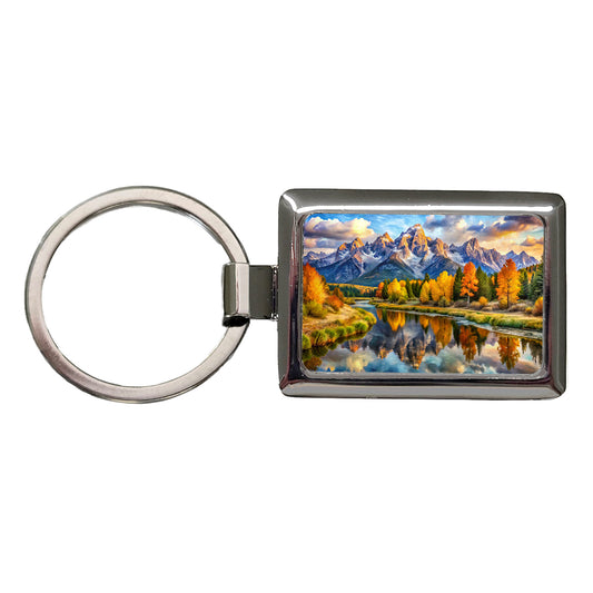 Grand Teton National Park Wyoming Watercolor Style Rectangle Metal Keychain