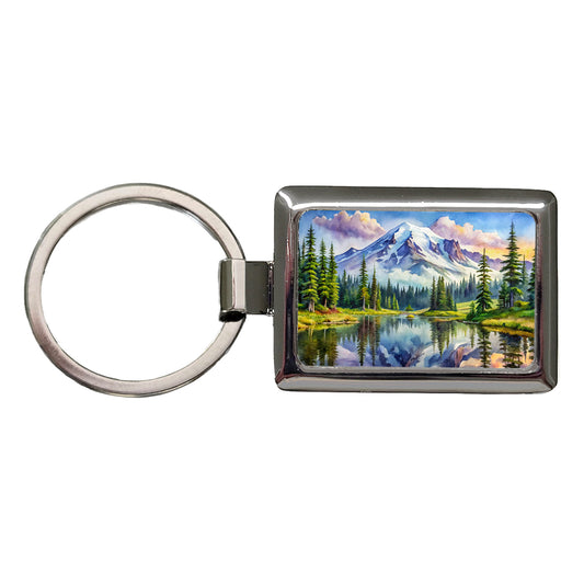 Mount Rainier National Park Washington Watercolor Style Rectangle Metal Keychain