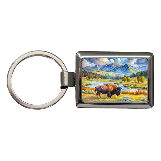 Yellowstone National Park Lamar Valley Watercolor Style Rectangle Metal Keychain