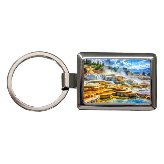 Yellowstone National Park Mammoth Hot Springs Watercolor Style Rectangle Metal Keychain