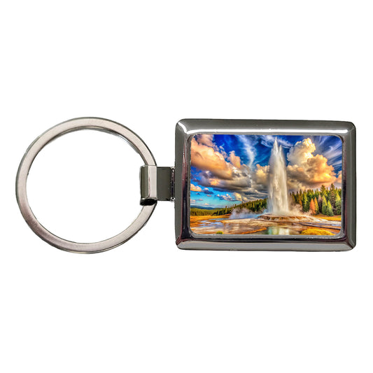 Yellowstone National Park Old Faithful Watercolor Style Rectangle Metal Keychain