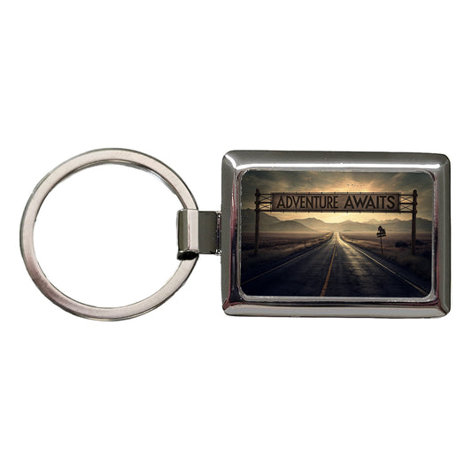 Adventure Awaits Highway Vanishing Point Rectangle Metal Keychain