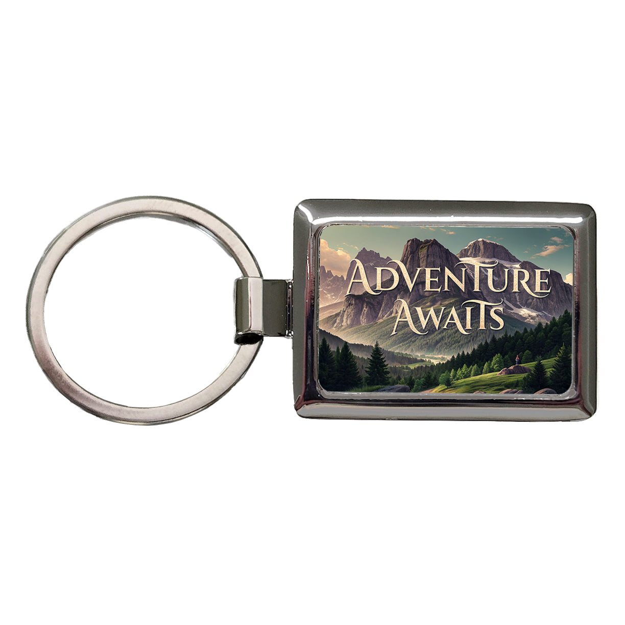 Adventure Awaits Mountains Hiking Camping Rectangle Metal Keychain