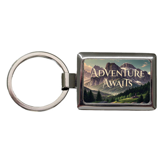 Adventure Awaits Mountains Hiking Camping Rectangle Metal Keychain