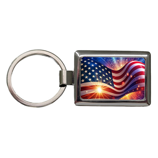 American Flag Sparkling Waving Patriotic Rectangle Metal Keychain