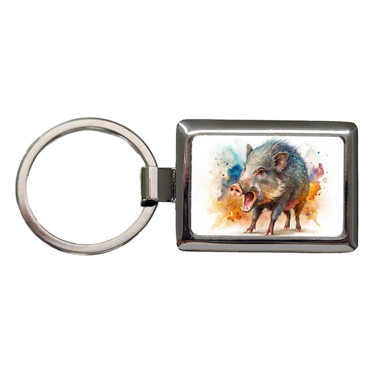 Angry Javelina Watercolor Rectangle Metal Keychain
