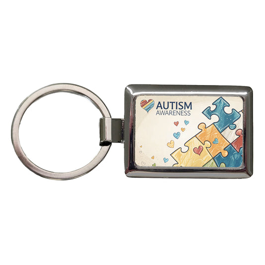 Autism Awareness Puzzle Pieces Heart Rectangle Metal Keychain