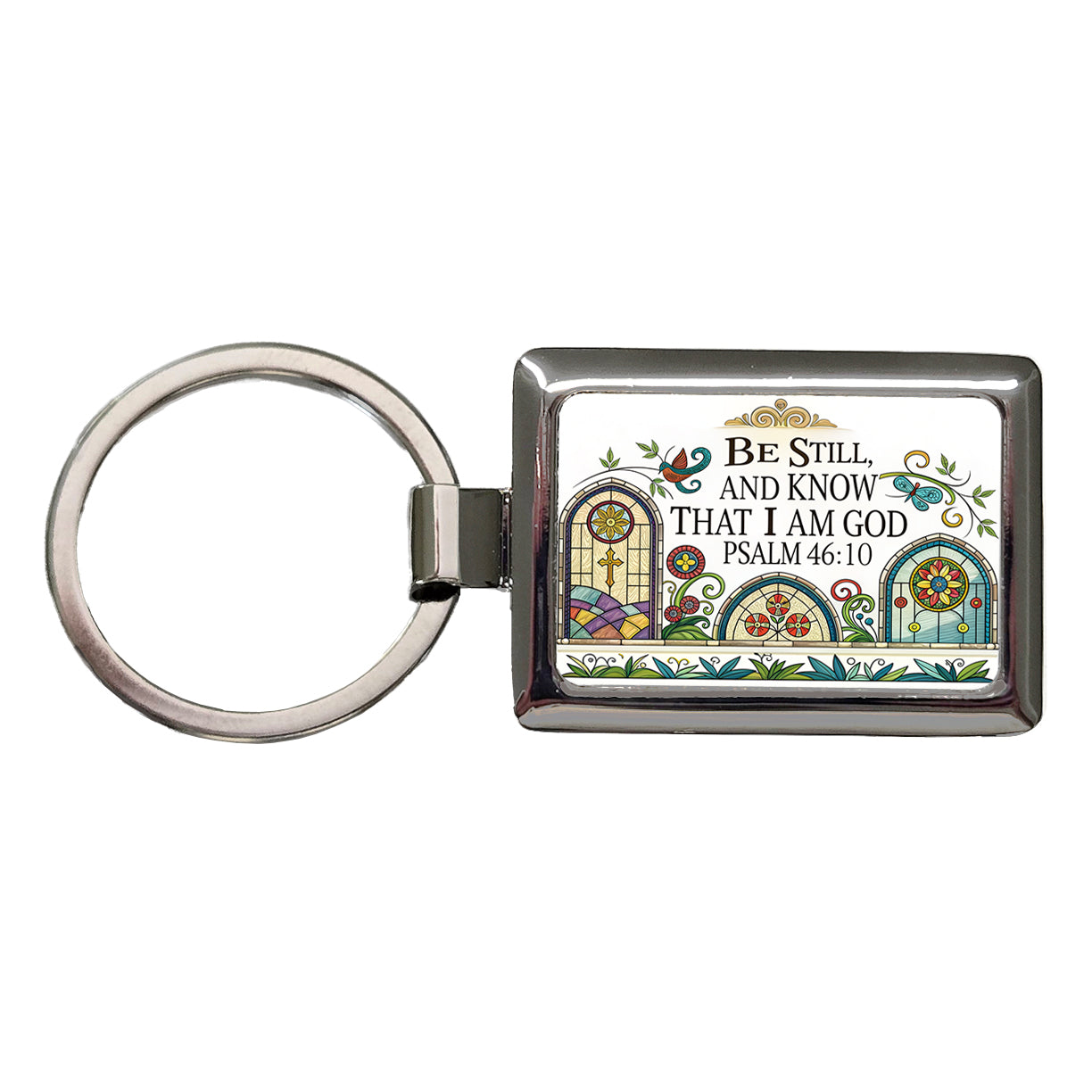 Be Still And Know That I Am God Psalm 46-10 Church Windows Rectangle Metal Keychain
