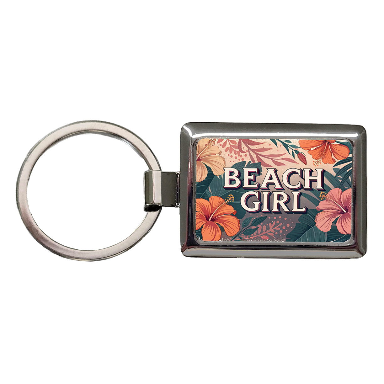 Beach Girl Tropical Hibiscus Flowers Rectangle Metal Keychain