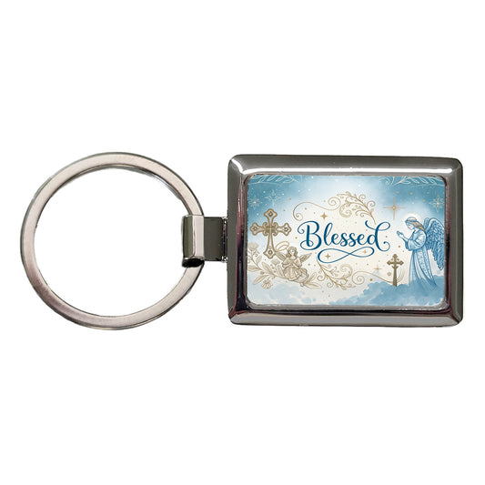 Blessed Religious Angel Blue White Rectangle Metal Keychain